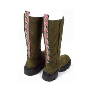 Farm Rio Tall Boot Lug Chunky Festival Hippie Green Suede Womens 8.5 NEW